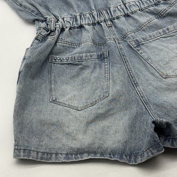 Blank NYC Women's Size Medium 80s Retro Snap Button Light Wash Denim Jean Romper - Picture 12 of 13